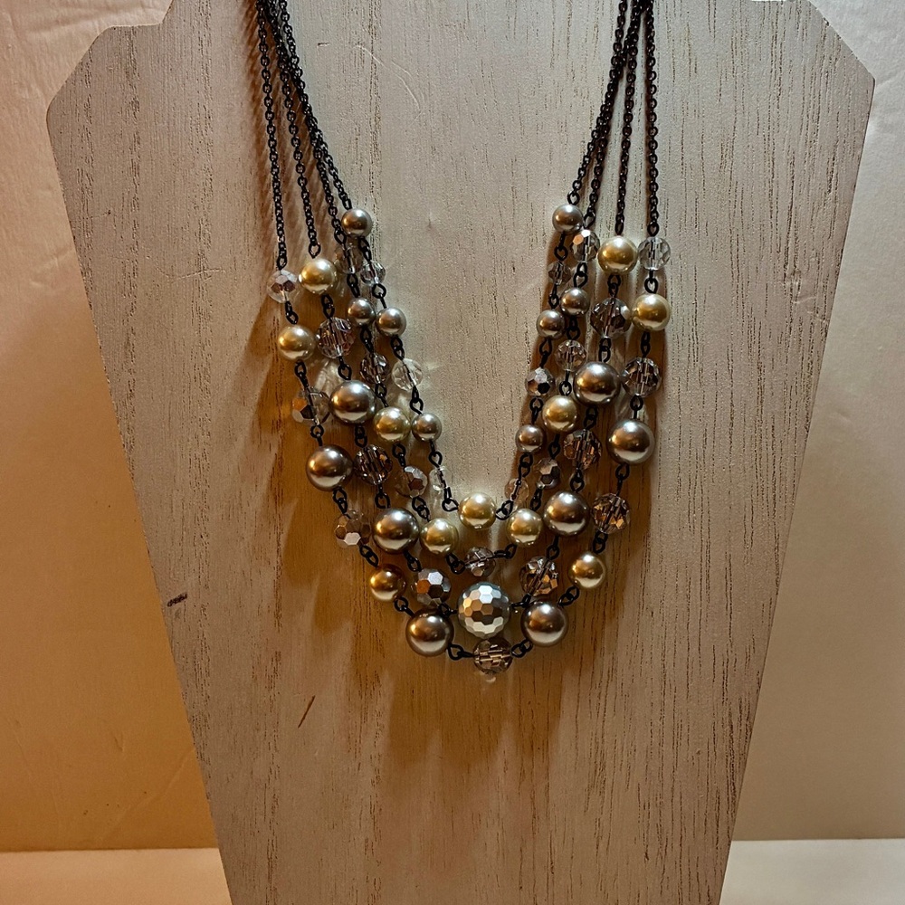 VTG 3 Strand Lia Sophia Faux Pearls with Clear Beads in a Silver Tone Setting